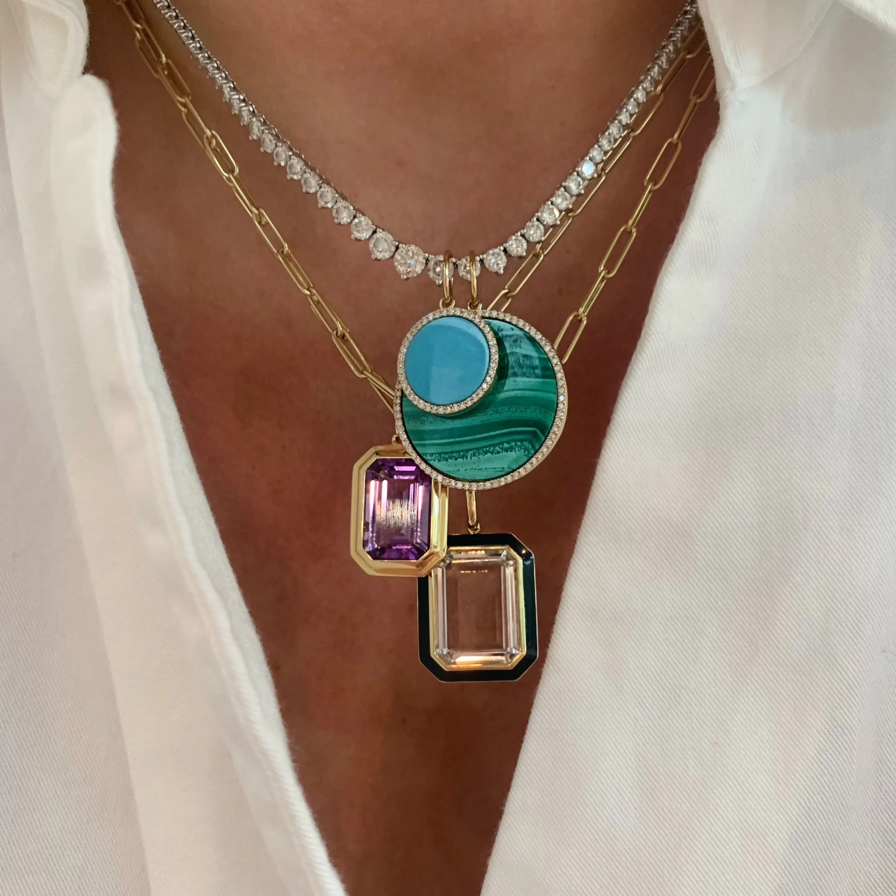 Queen Emerald Cut with Enamel Frame Pendant on Paperclip Chain Necklace