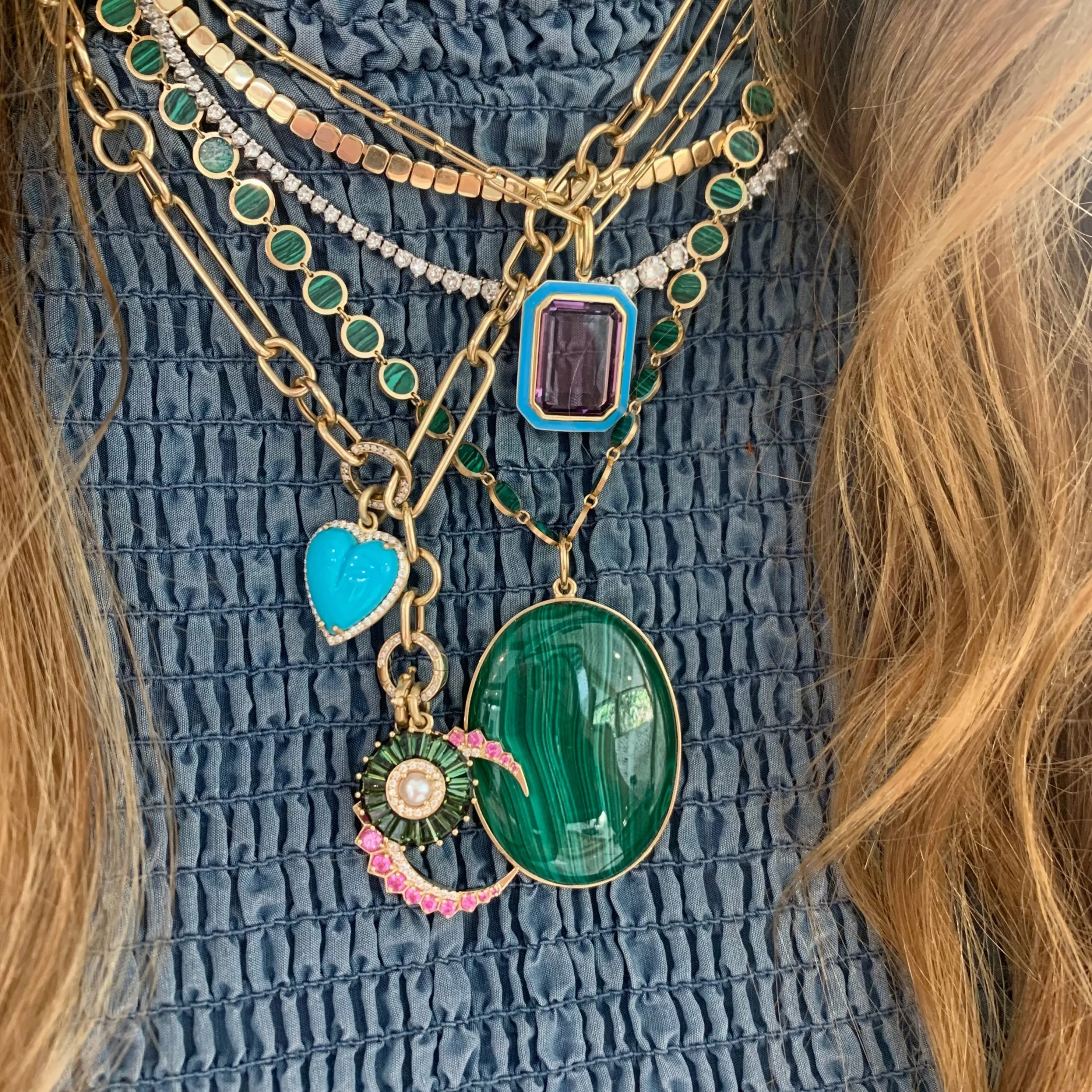 Queen Emerald Cut with Enamel Frame Pendant on Paperclip Chain Necklace