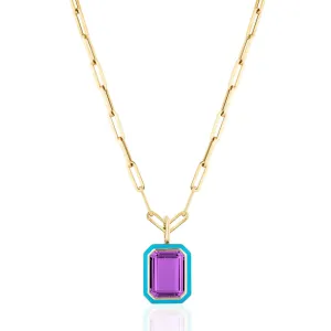 Queen Emerald Cut with Enamel Frame Pendant on Paperclip Chain Necklace
