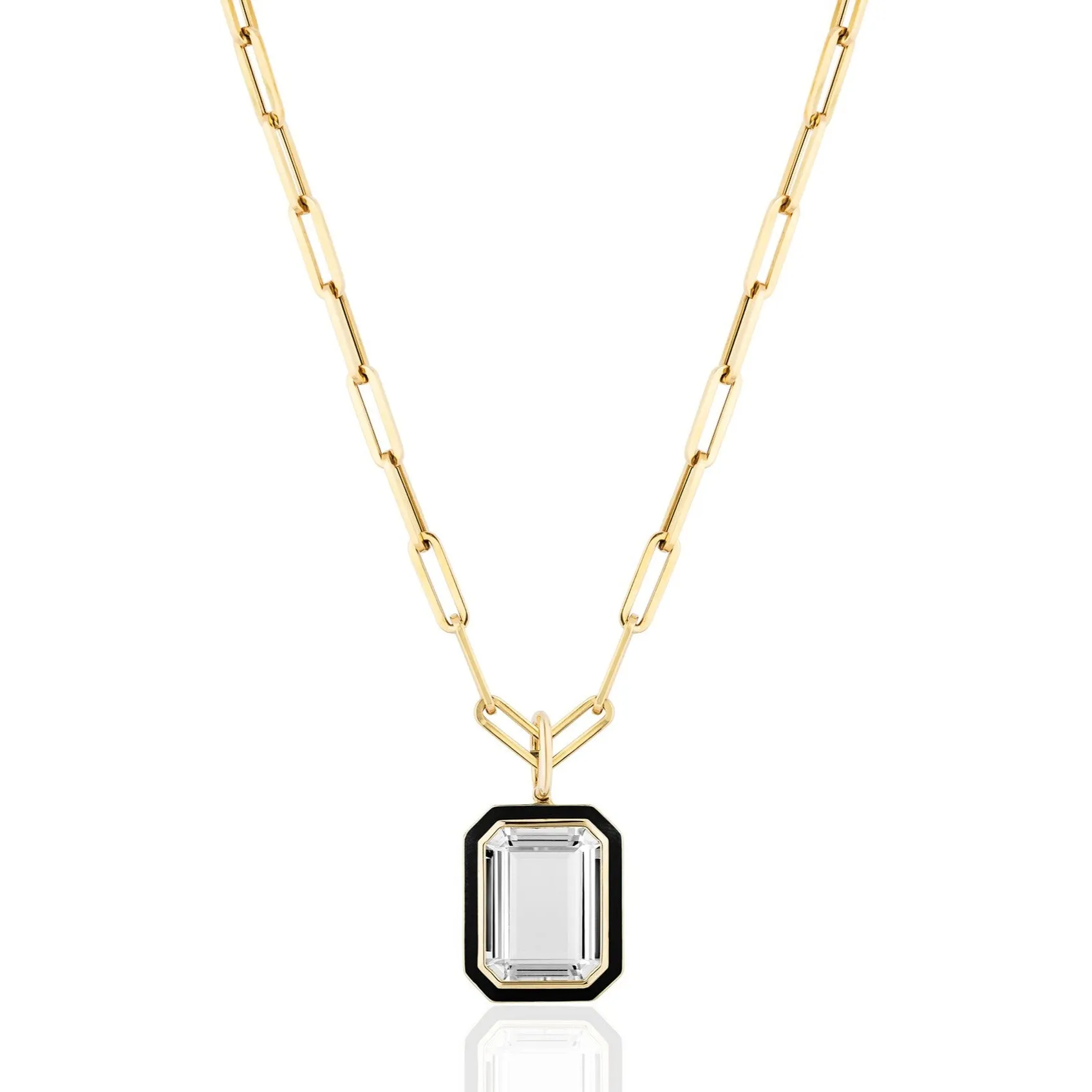 Queen Emerald Cut with Enamel Frame Pendant on Paperclip Chain Necklace