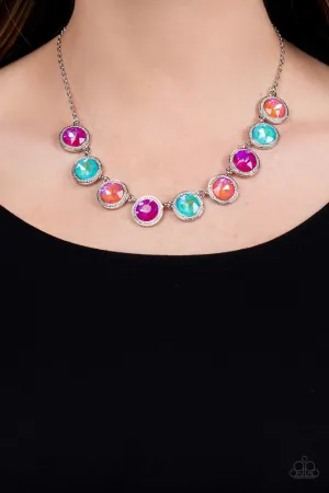 Queen of the Cosmos - Orange - Coral, Blue, Pink Iridescent Gem Paparazzi Short Necklace