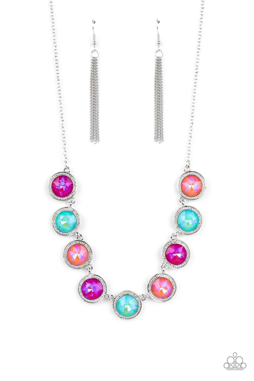 Queen of the Cosmos - Orange - Coral, Blue, Pink Iridescent Gem Paparazzi Short Necklace