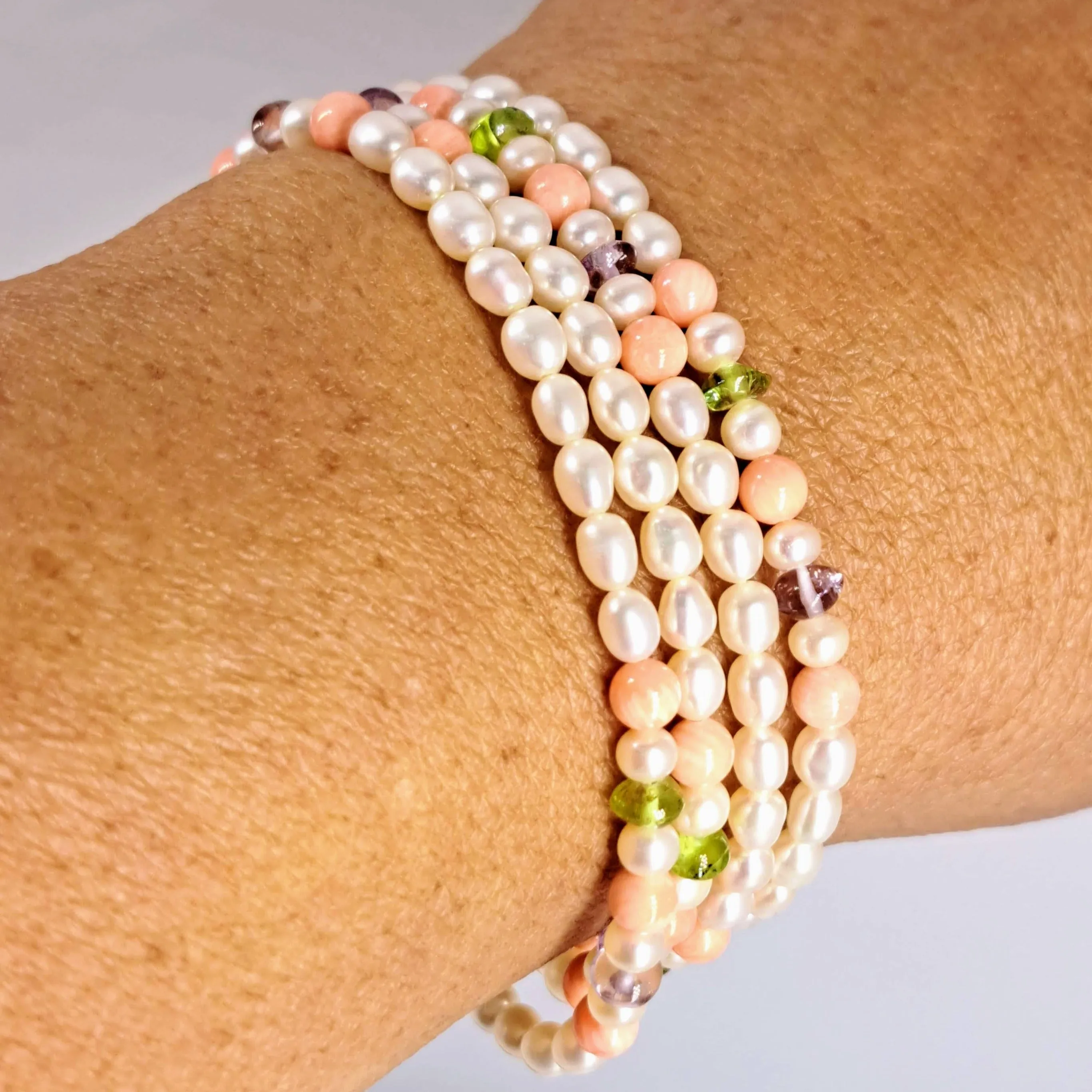 "Angel Food" 28" Convertible Necklace/Bracelet - Pearls, Coral, Amethyst, Peridot, Sterling