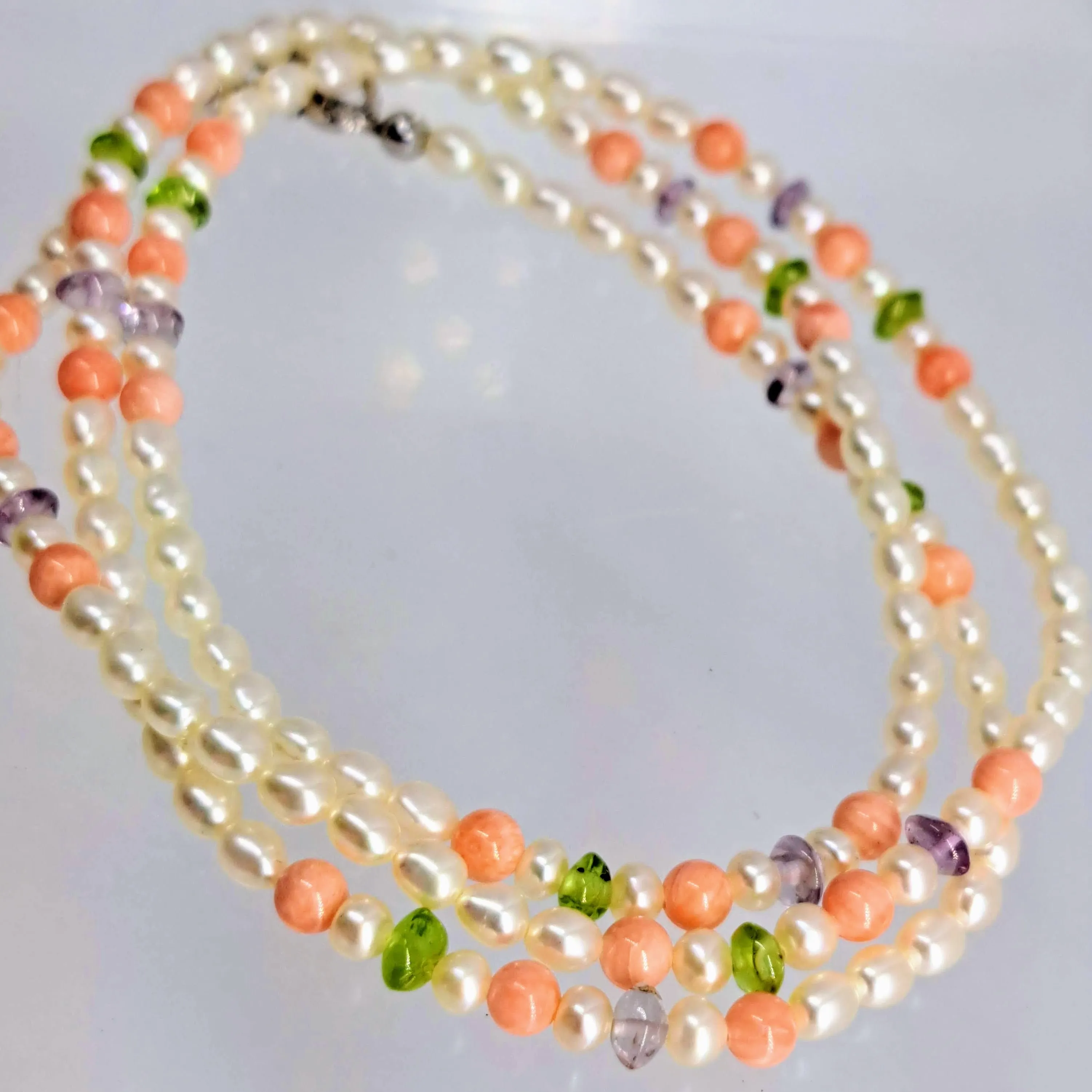 "Angel Food" 28" Convertible Necklace/Bracelet - Pearls, Coral, Amethyst, Peridot, Sterling
