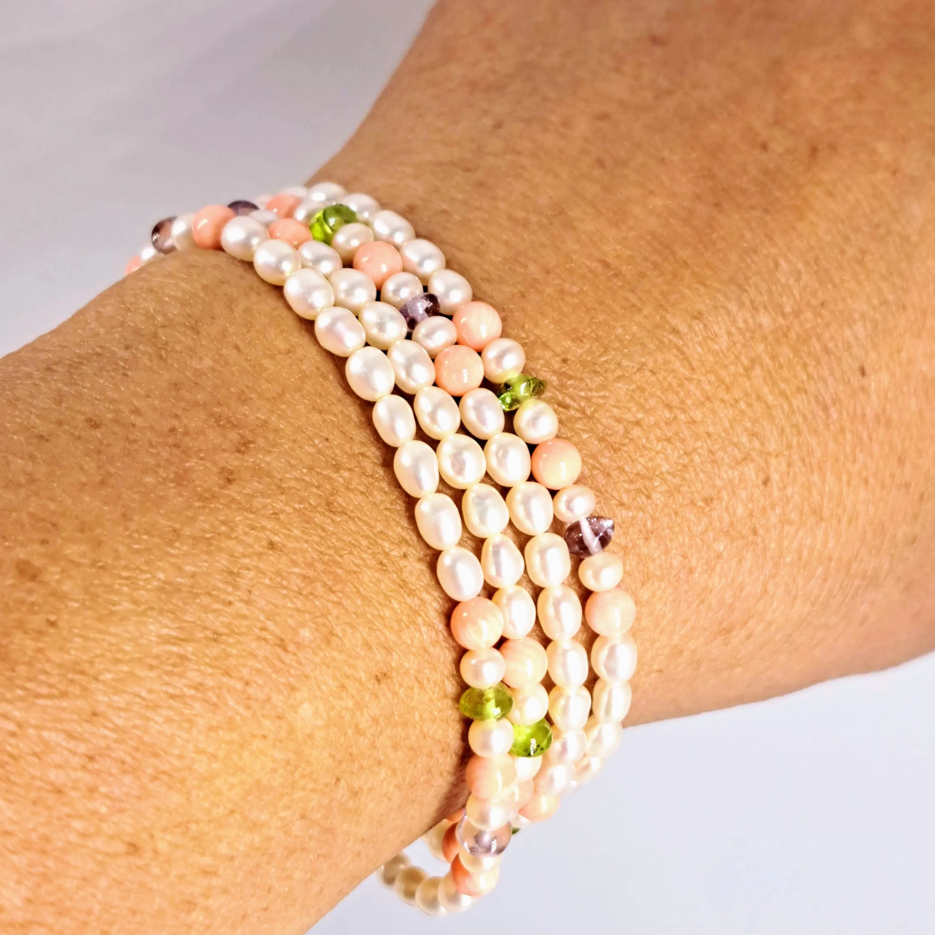"Angel Food" 28" Convertible Necklace/Bracelet - Pearls, Coral, Amethyst, Peridot, Sterling