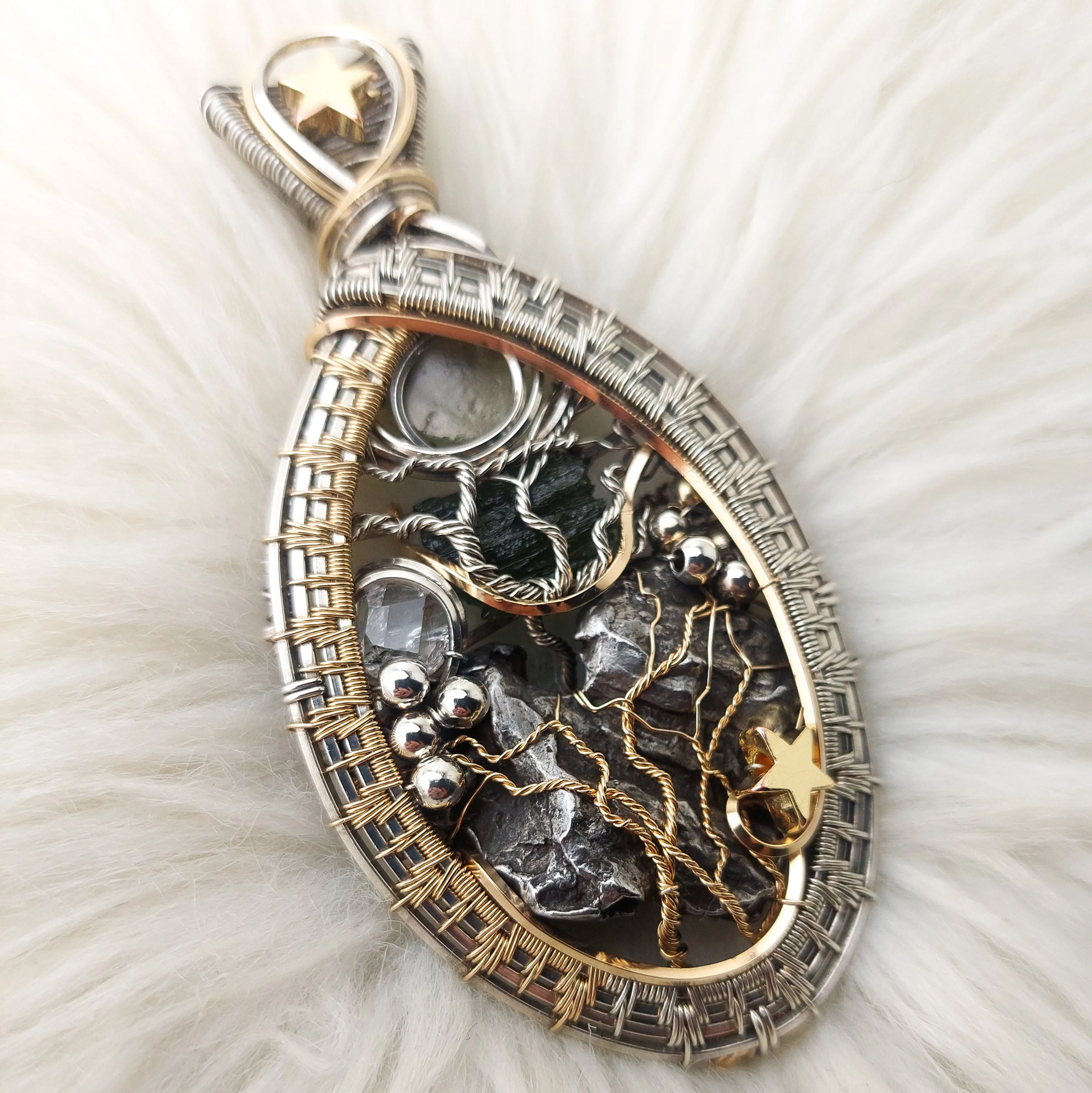 "Star Seed" Moldavite, Herkimer Diamond, Libyan Dessert Glass, And Sikhote-Alin meteorite Sterling Silver, and 14k Gold Fill Statement Pendant