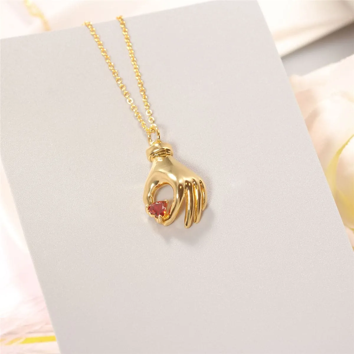 Red Crystal & 18K Gold-Plated Heart Palm Pendant Necklace