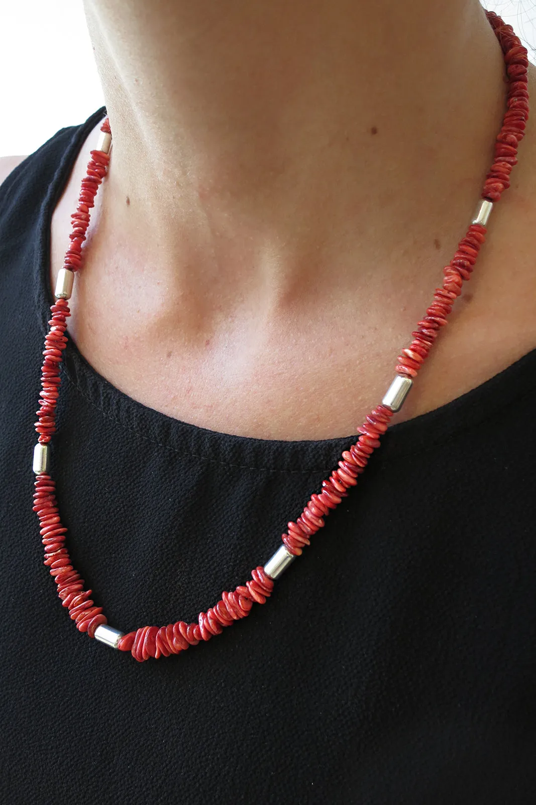Red Spiny Shell and Sterling Silver Necklace