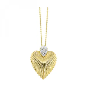 Ridged Diamond Pave Heart Pendant Necklace in 14k Yellow Gold
