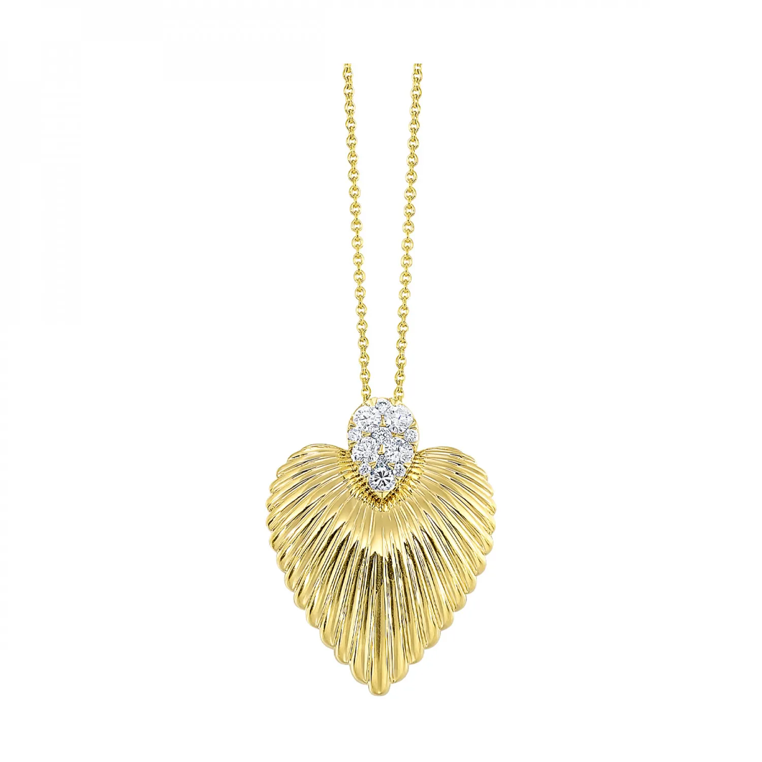Ridged Diamond Pave Heart Pendant Necklace in 14k Yellow Gold