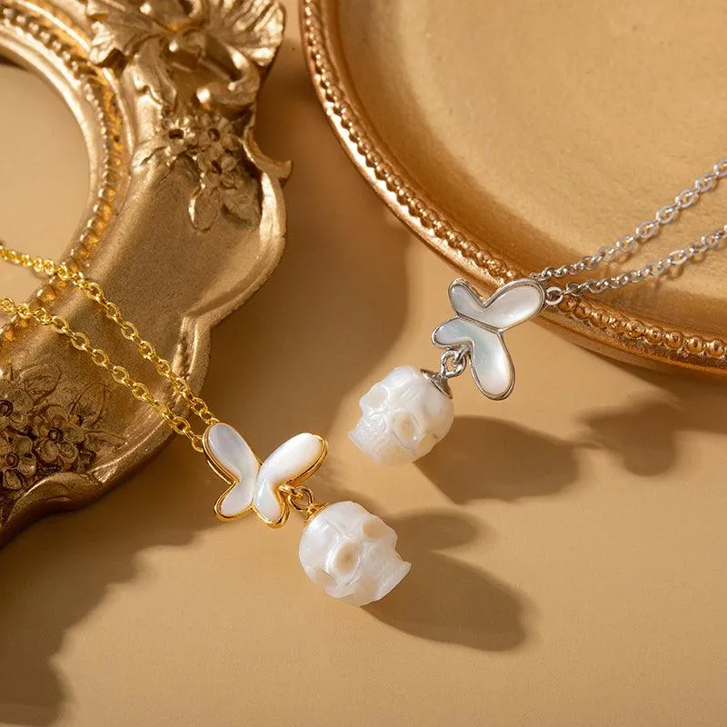 Romantic White Shell Butterfly Pearl Skull Necklace