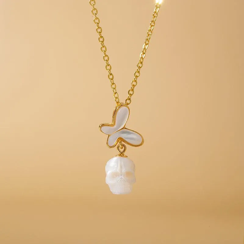 Romantic White Shell Butterfly Pearl Skull Necklace