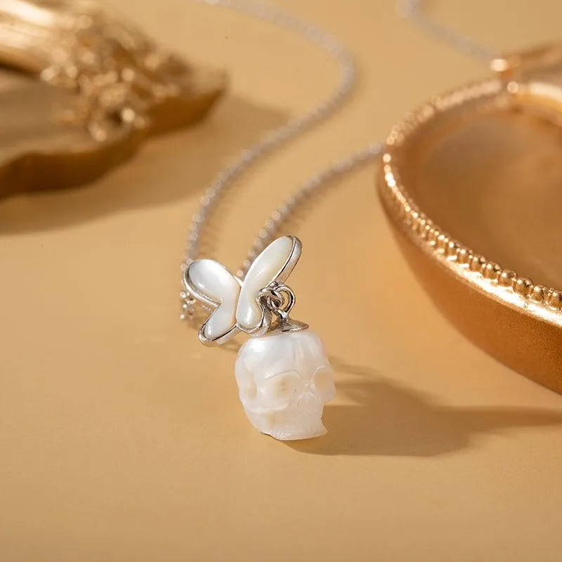 Romantic White Shell Butterfly Pearl Skull Necklace