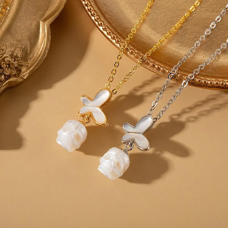 Romantic White Shell Butterfly Pearl Skull Necklace