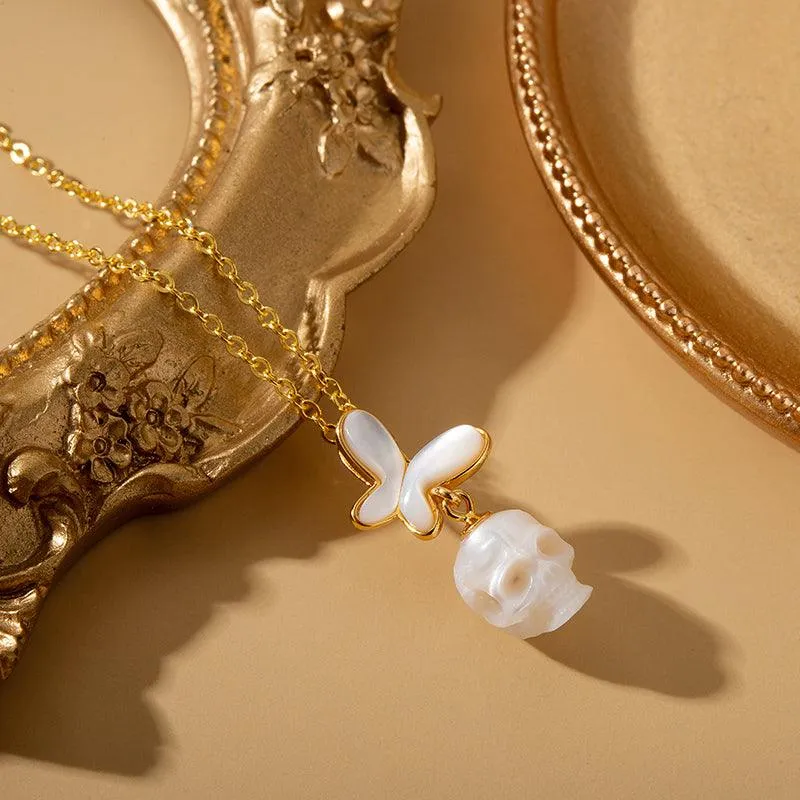 Romantic White Shell Butterfly Pearl Skull Necklace