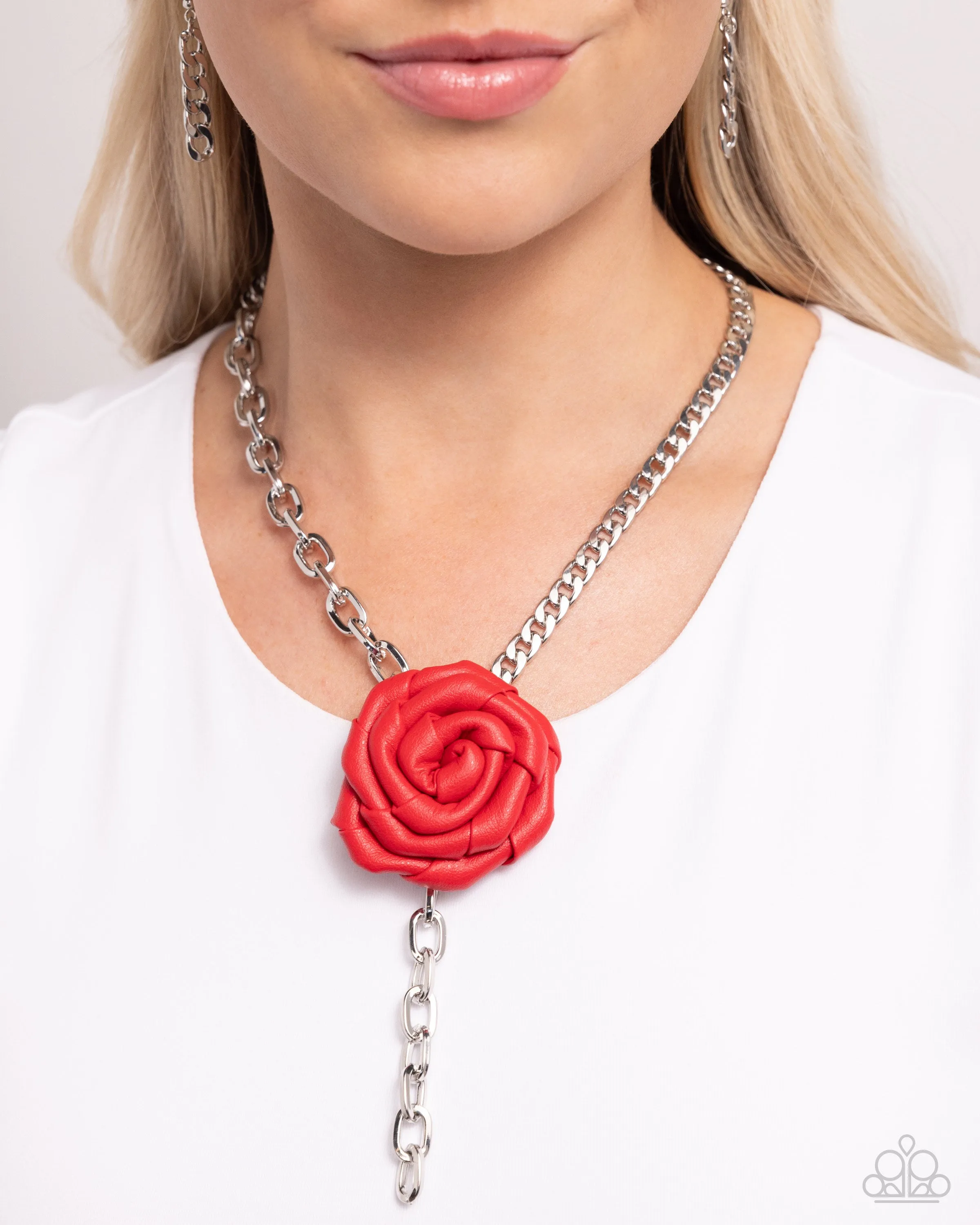 ROSE and Cons - Red - Leather Flower Silver Curb Chain Paparazzi Short Necklace