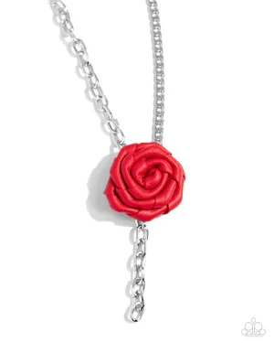ROSE and Cons - Red - Leather Flower Silver Curb Chain Paparazzi Short Necklace