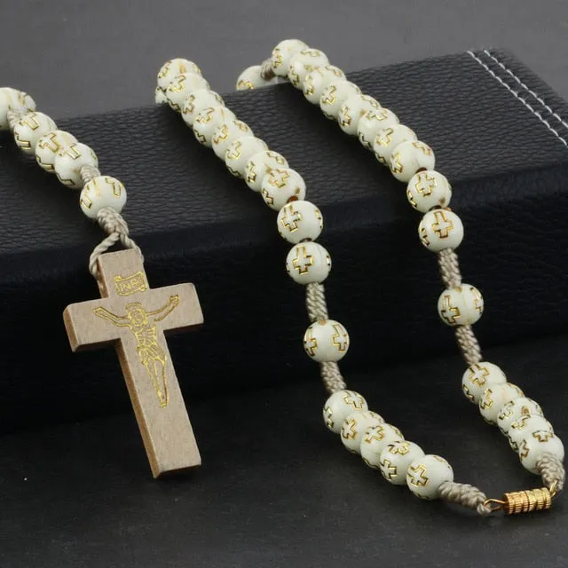 Round Saint Benedict Medal Antique Wooden Rosary Necklace