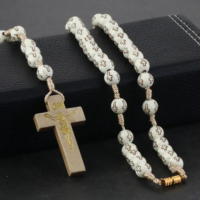 Round Saint Benedict Medal Antique Wooden Rosary Necklace