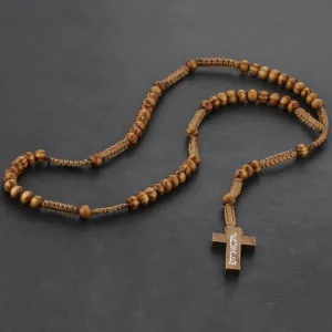 Round Saint Benedict Medal Antique Wooden Rosary Necklace