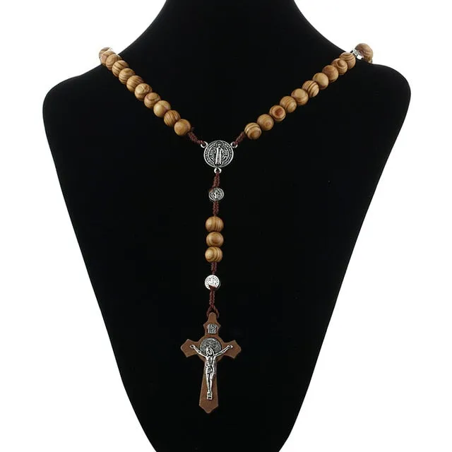 Round Saint Benedict Medal Antique Wooden Rosary Necklace