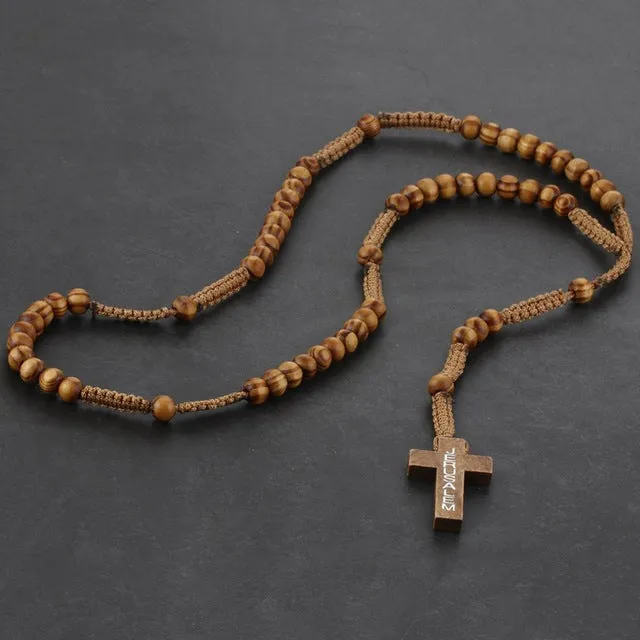 Round Saint Benedict Medal Antique Wooden Rosary Necklace
