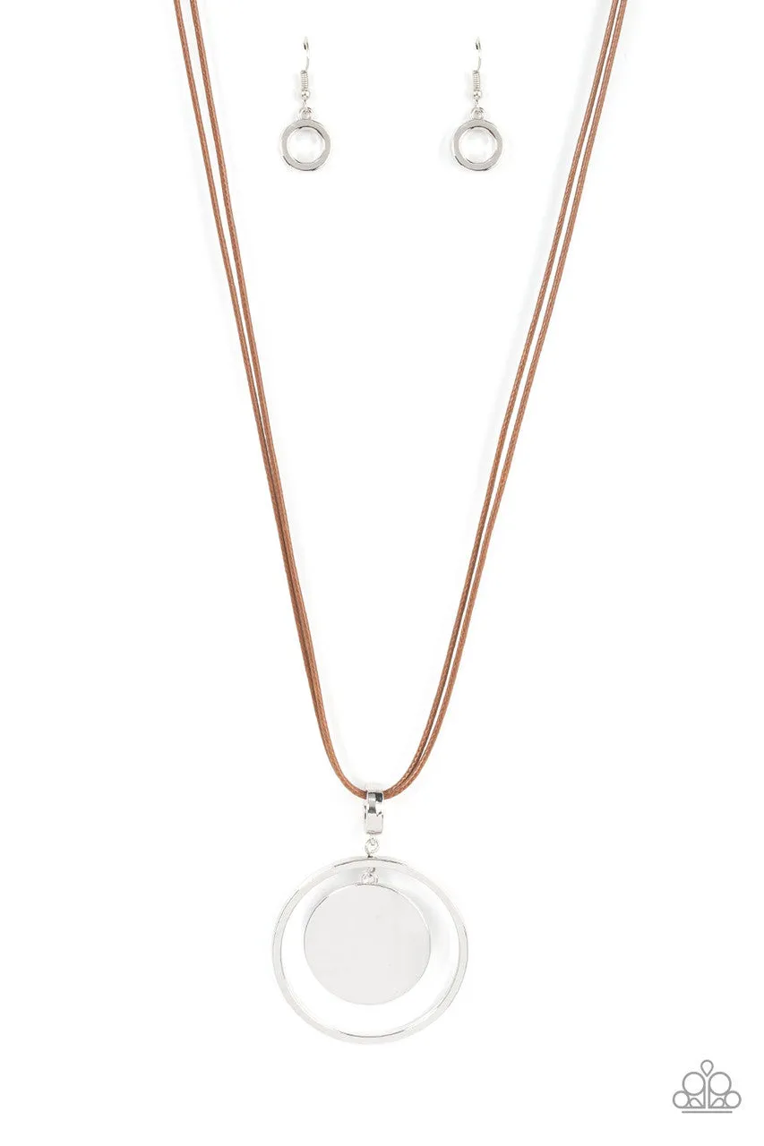 Rural Reflection - Brown - Silver Disc Brown Cord Paparazzi Long Necklace