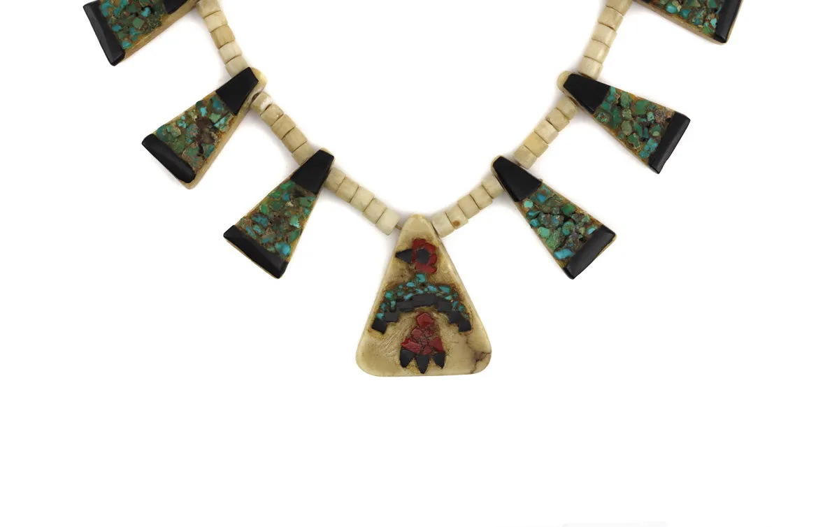 Santo Domingo (Kewa) Multi-Stone Heishi Necklace with Thunderbird Pendant c. 1930s, 30" length (J15050)