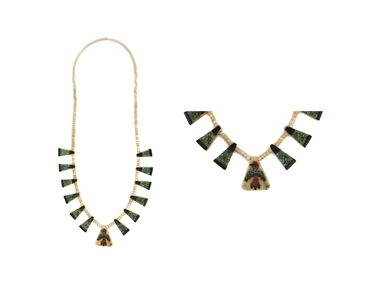 Santo Domingo (Kewa) Multi-Stone Heishi Necklace with Thunderbird Pendant c. 1930s, 30" length (J15050)