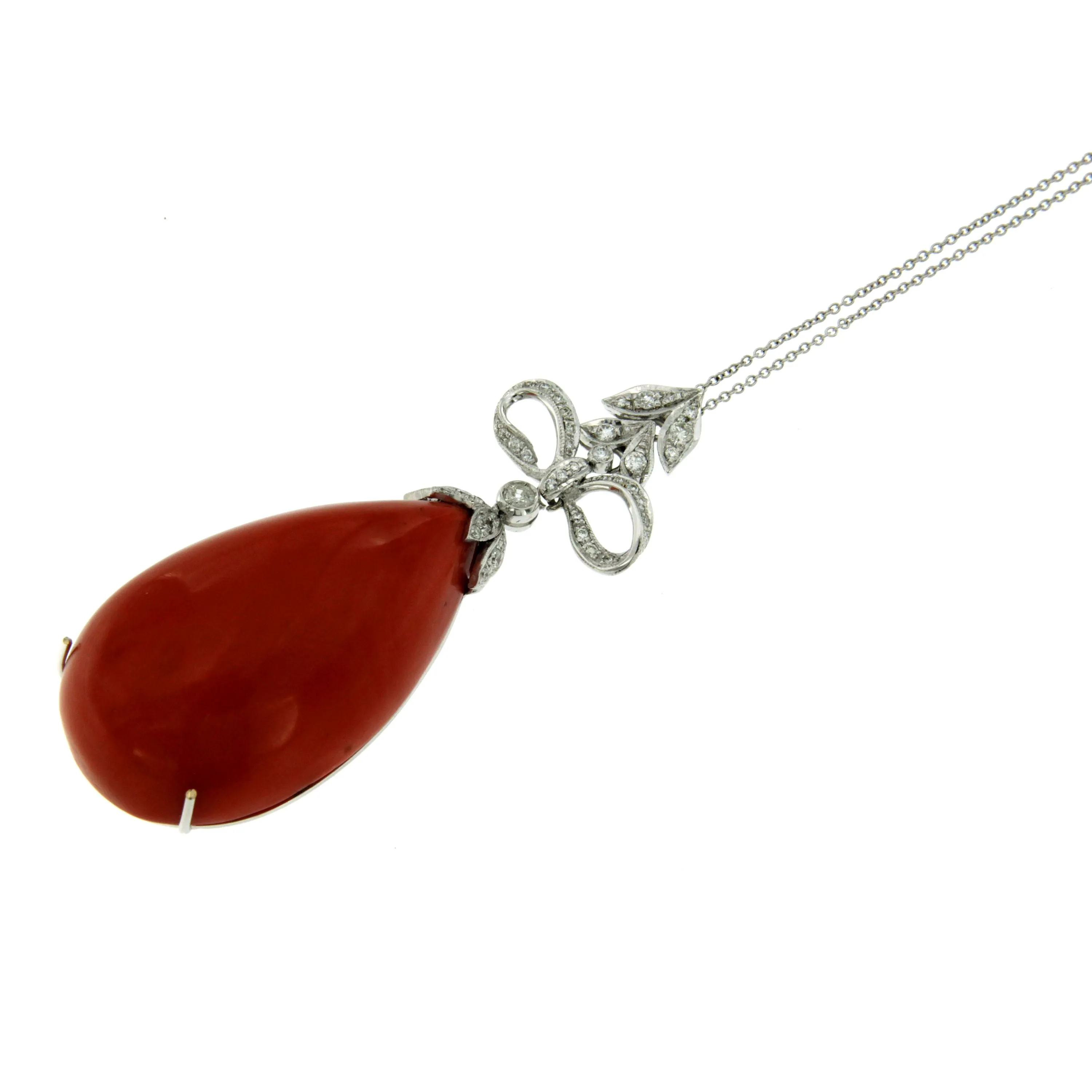 Sardinian Coral Diamond Drop Gold Pendant
