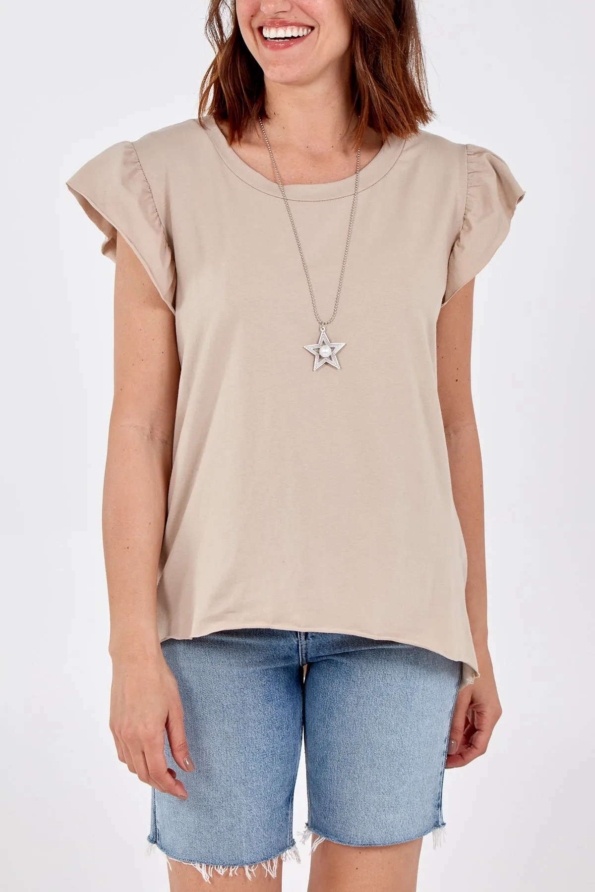 Scoop Neck Frill Sleeve Top With Necklace