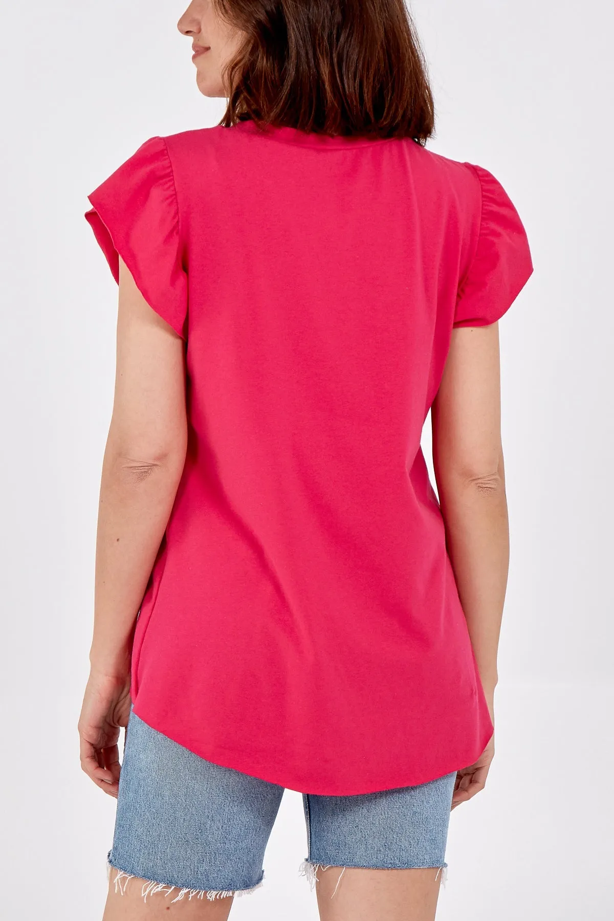 Scoop Neck Frill Sleeve Top With Necklace