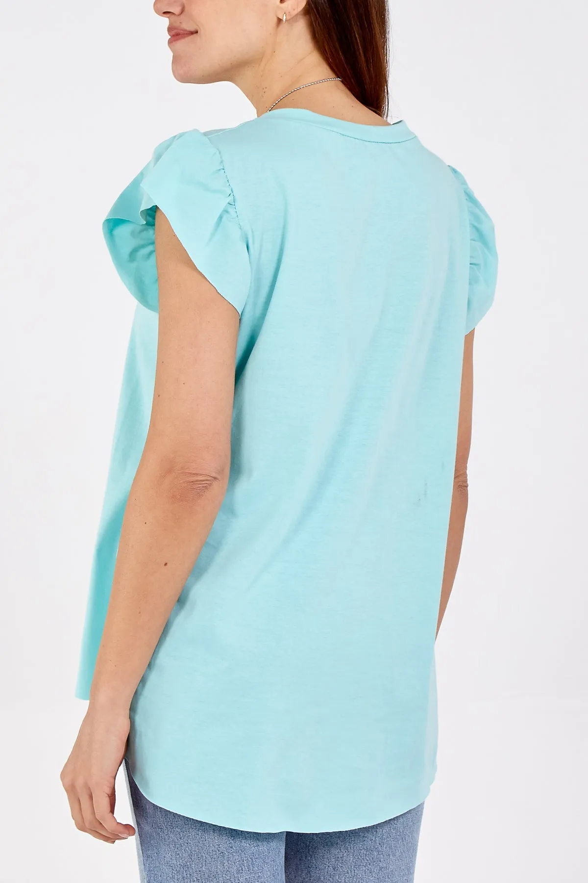 Scoop Neck Frill Sleeve Top With Necklace