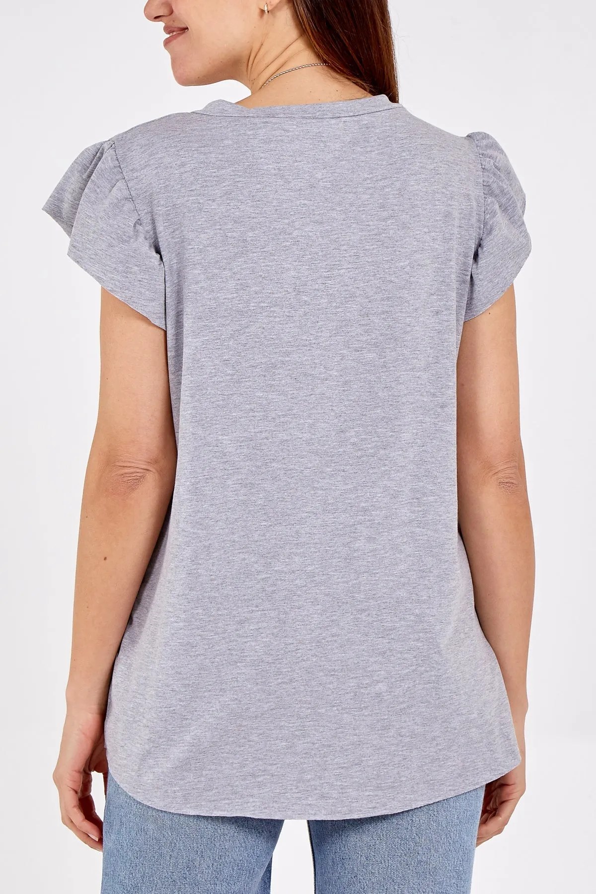 Scoop Neck Frill Sleeve Top With Necklace
