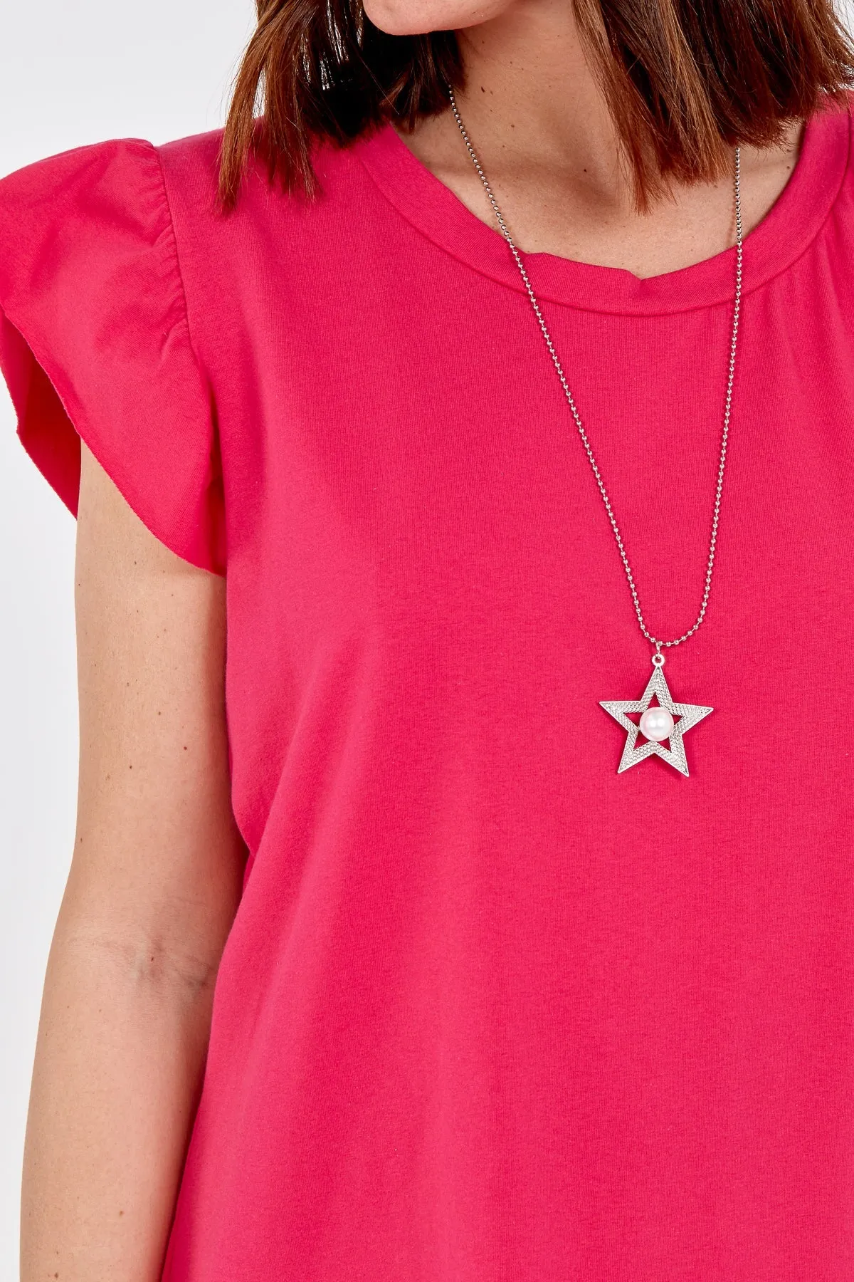 Scoop Neck Frill Sleeve Top With Necklace