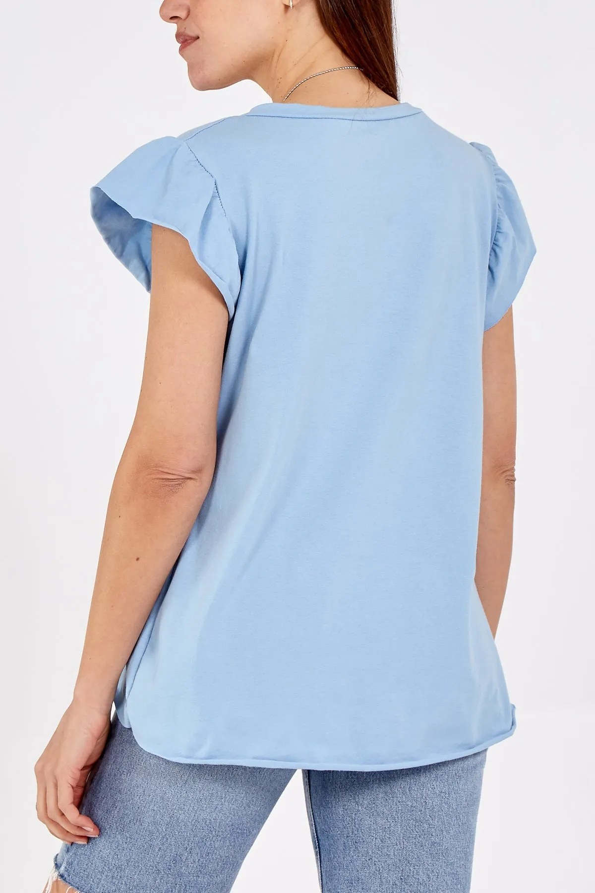 Scoop Neck Frill Sleeve Top With Necklace