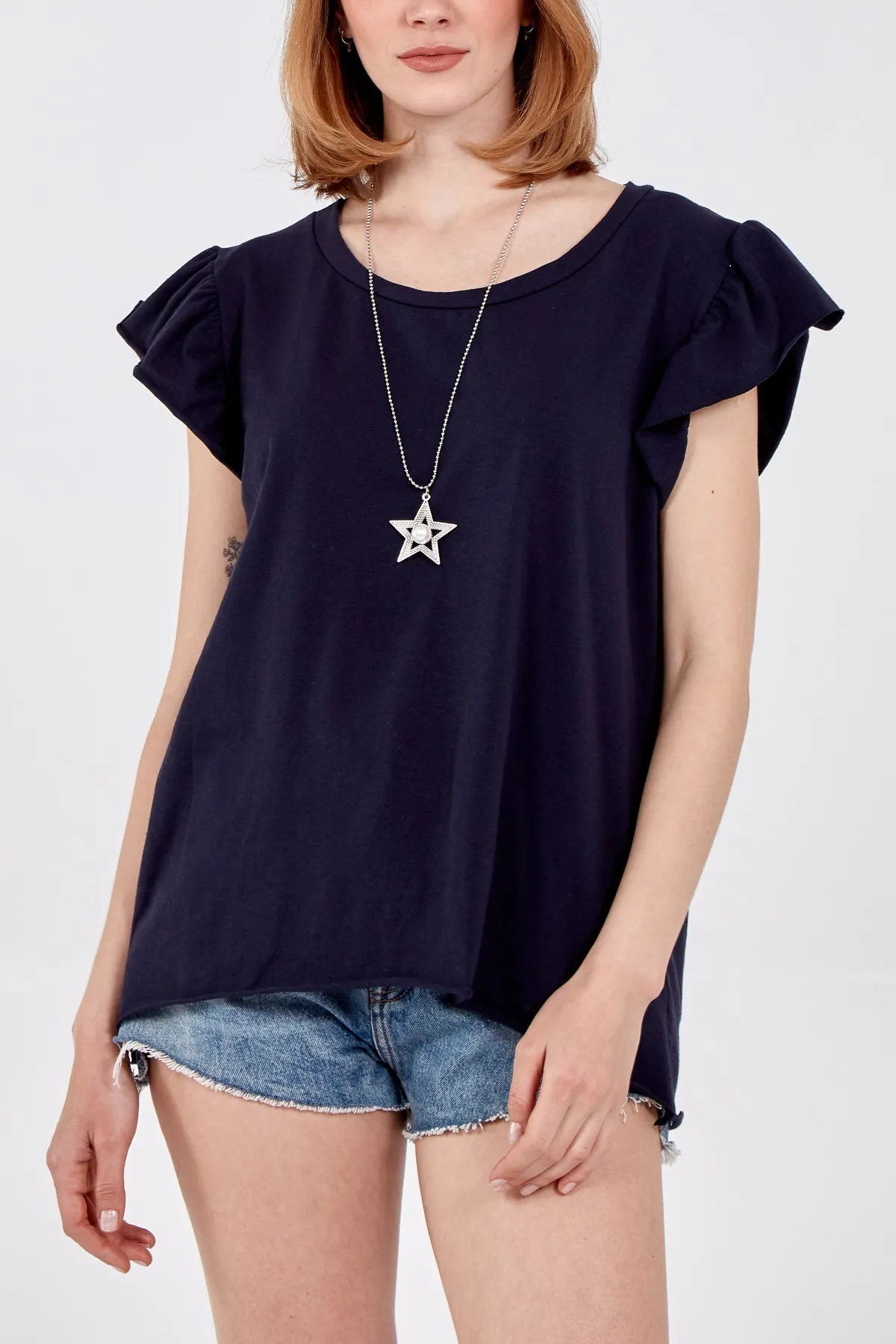Scoop Neck Frill Sleeve Top With Necklace