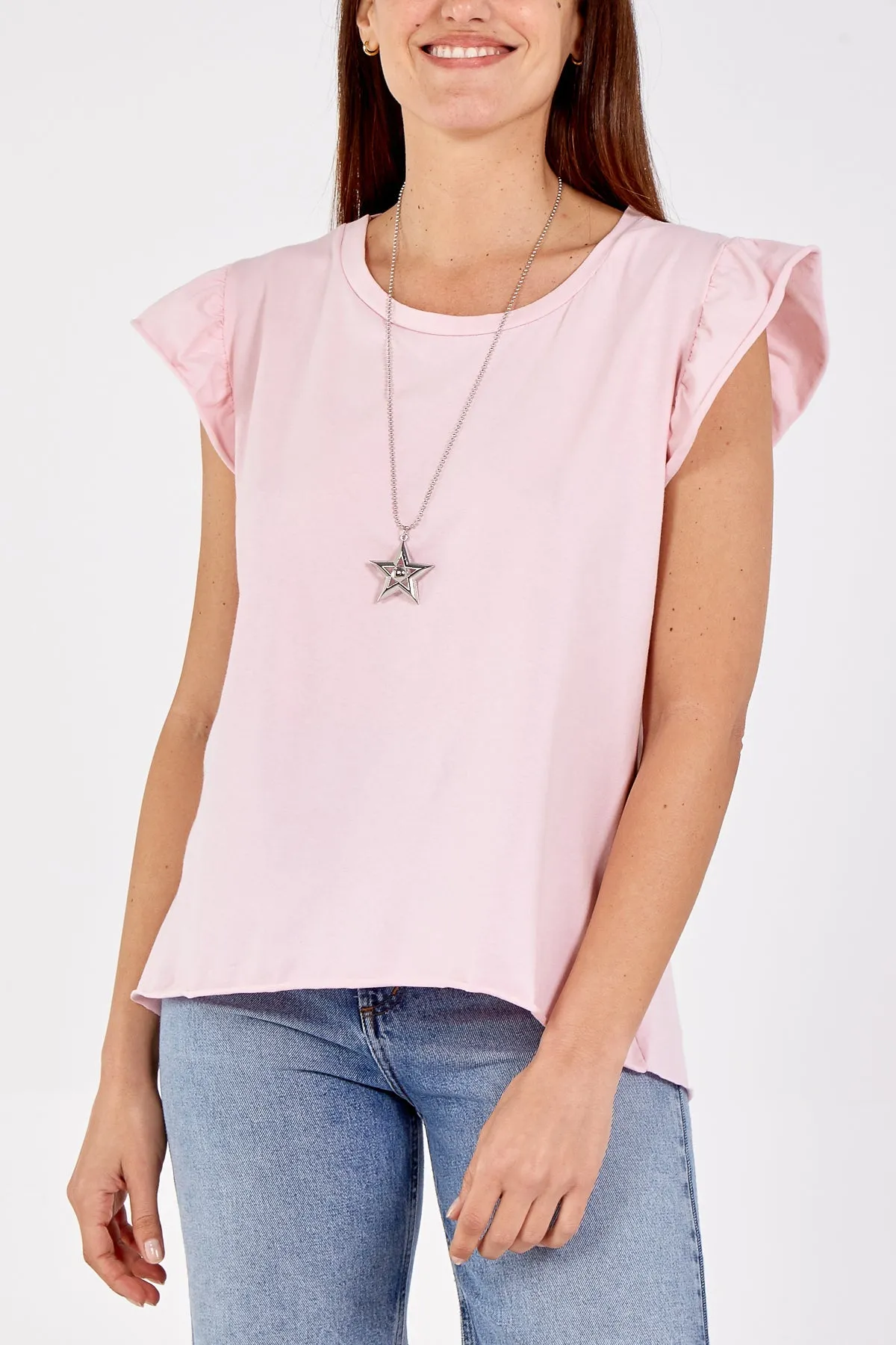 Scoop Neck Frill Sleeve Top With Necklace