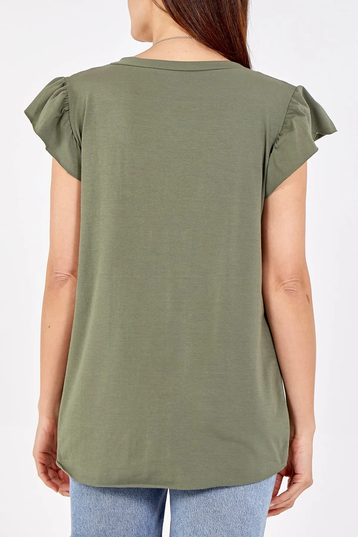 Scoop Neck Frill Sleeve Top With Necklace