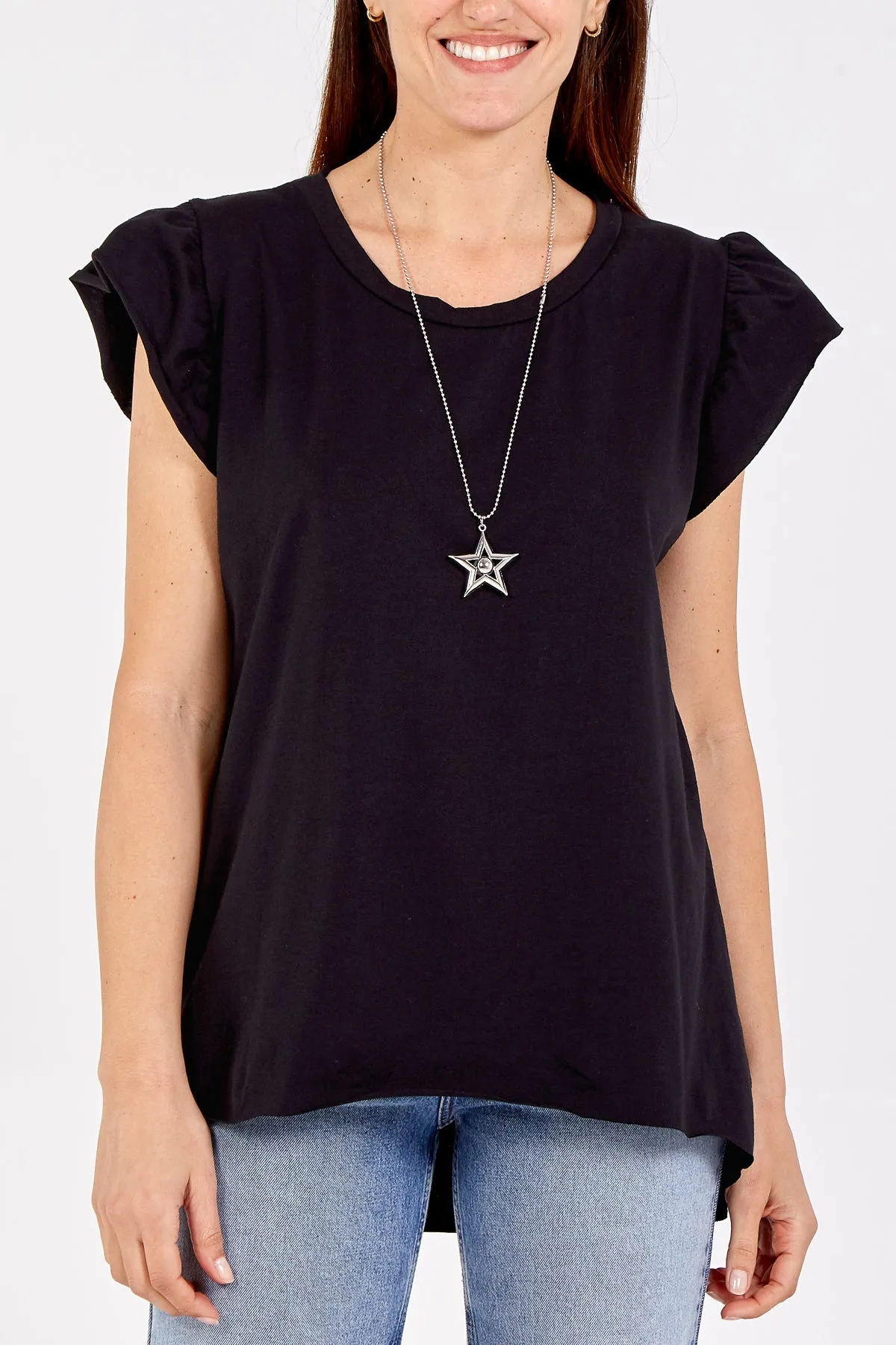 Scoop Neck Frill Sleeve Top With Necklace