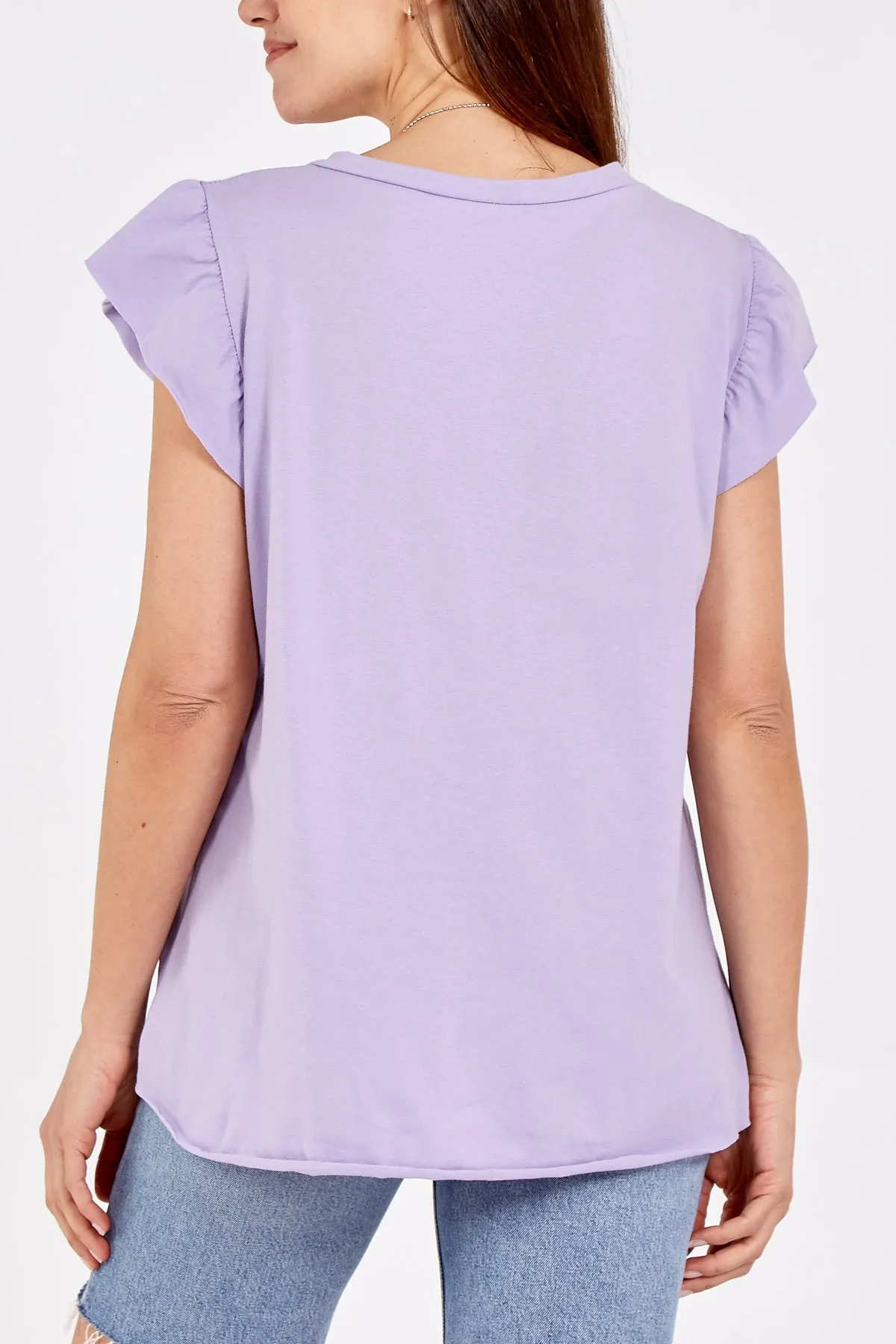 Scoop Neck Frill Sleeve Top With Necklace