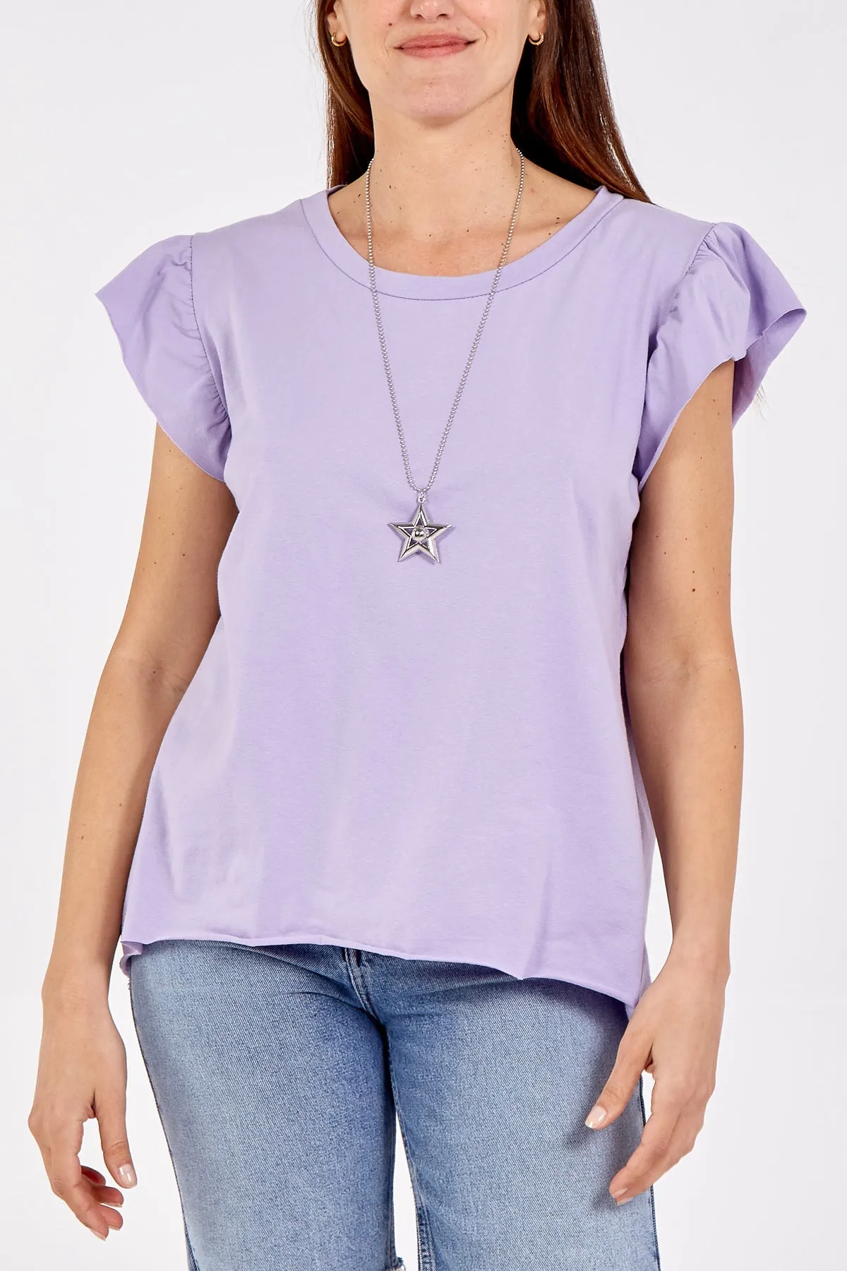 Scoop Neck Frill Sleeve Top With Necklace