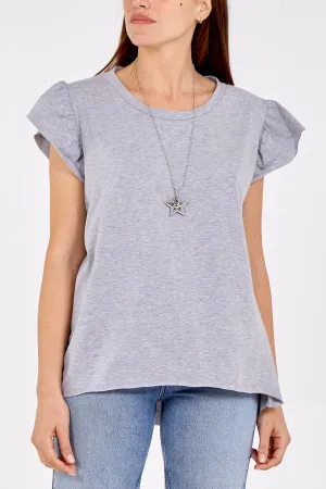 Scoop Neck Frill Sleeve Top With Necklace