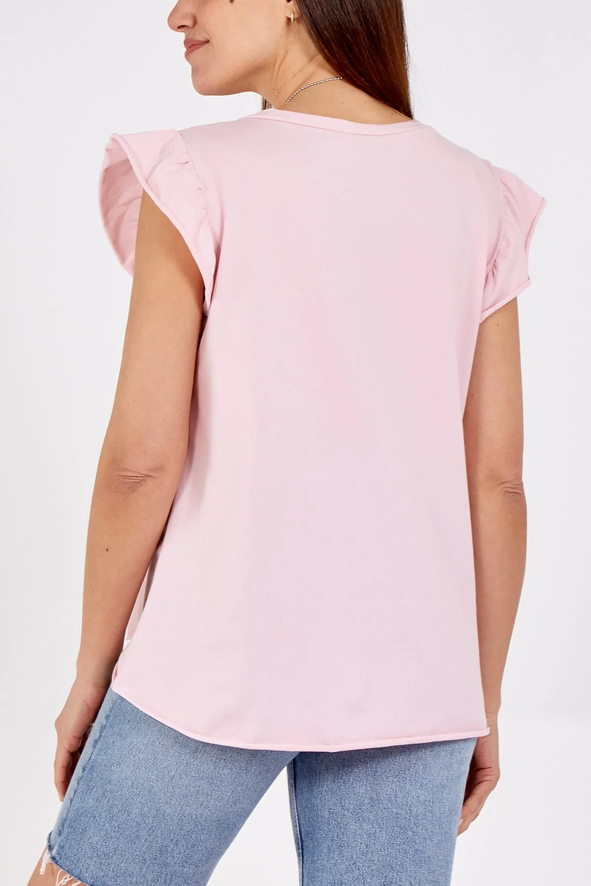 Scoop Neck Frill Sleeve Top With Necklace