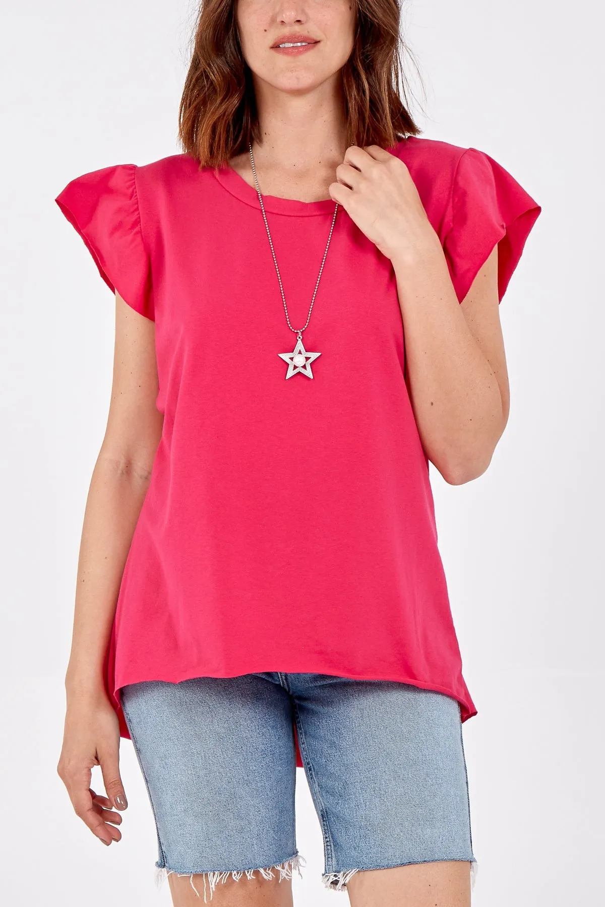 Scoop Neck Frill Sleeve Top With Necklace