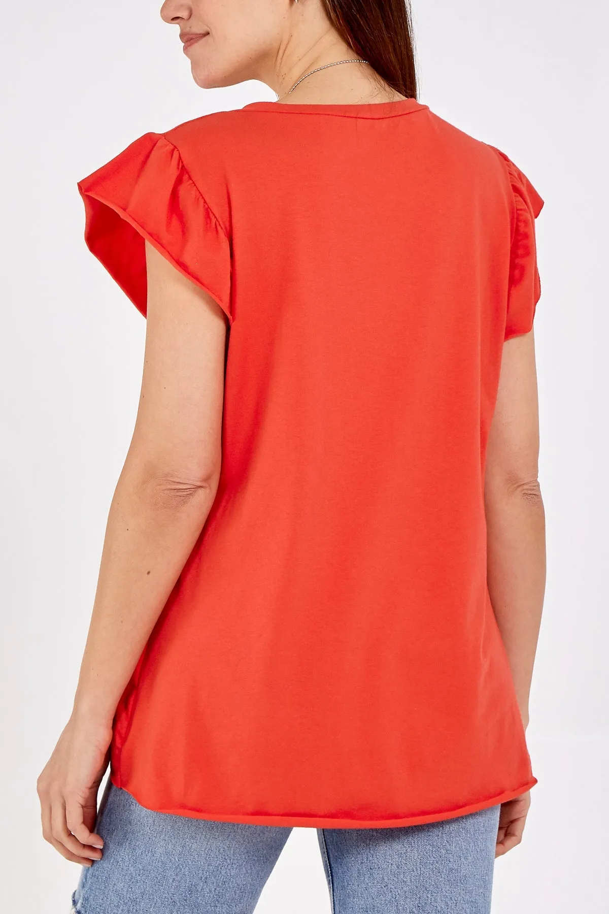 Scoop Neck Frill Sleeve Top With Necklace