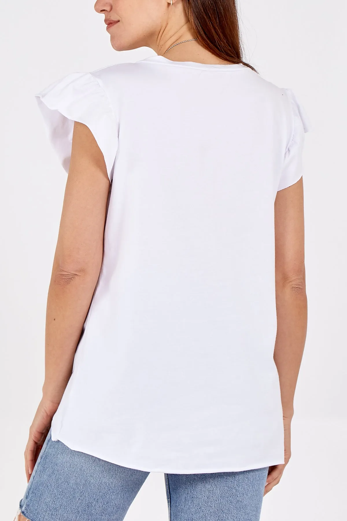 Scoop Neck Frill Sleeve Top With Necklace
