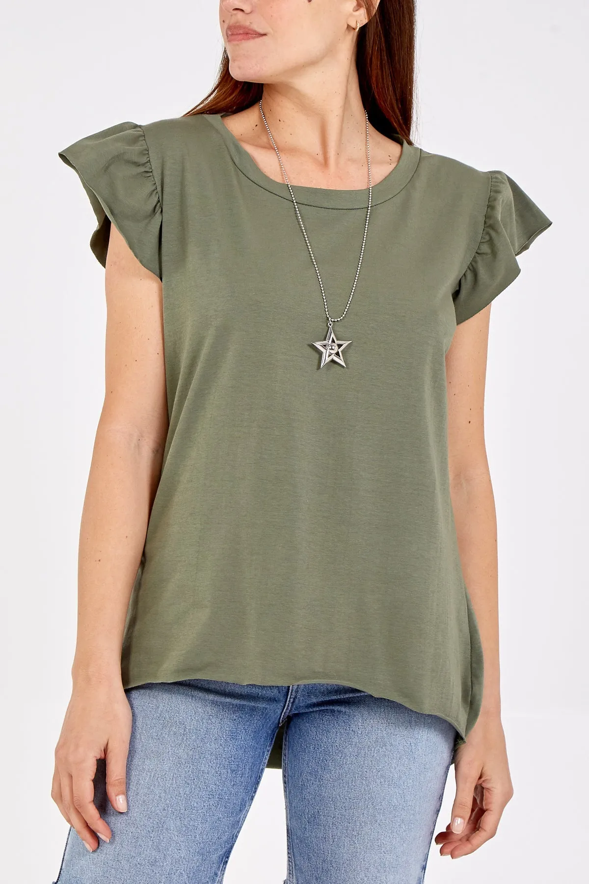 Scoop Neck Frill Sleeve Top With Necklace