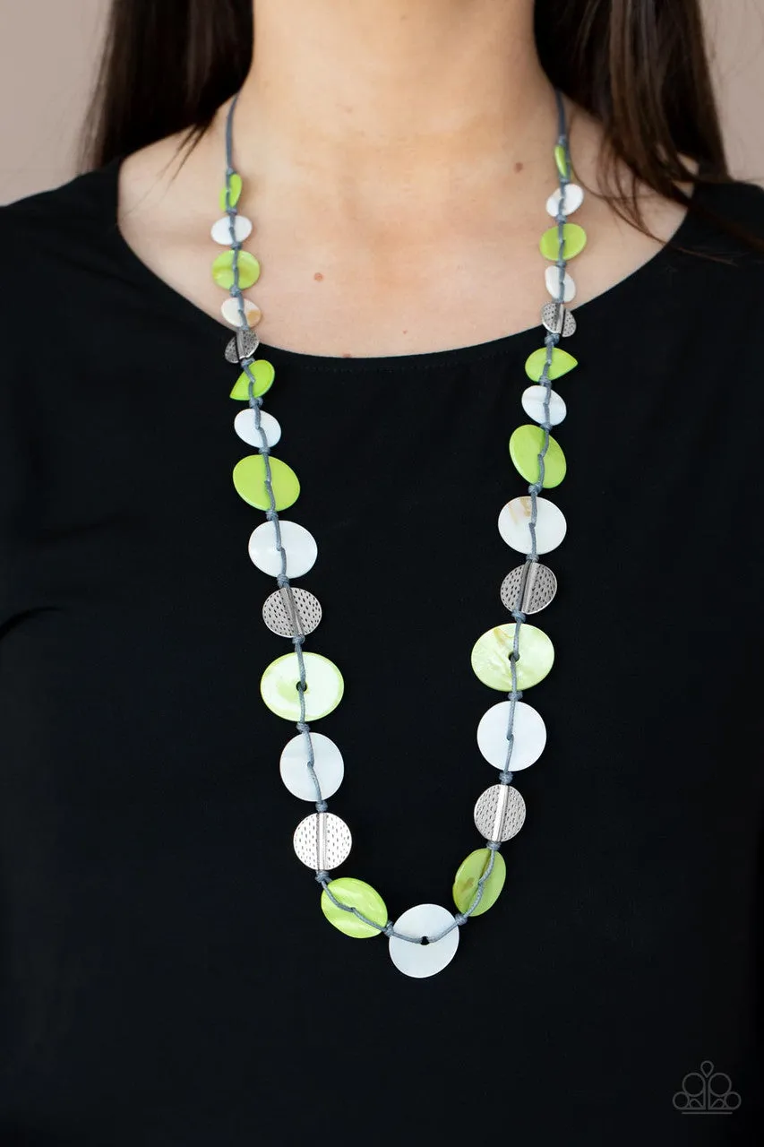 Seashore Spa - Green - and White Seashell Disc Gray Cord Paparazzi Long Necklace