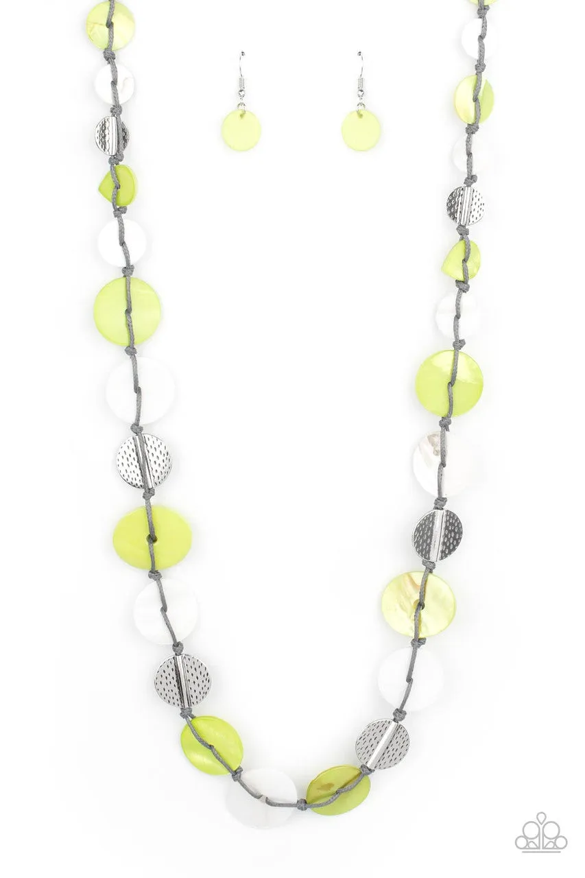 Seashore Spa - Green - and White Seashell Disc Gray Cord Paparazzi Long Necklace
